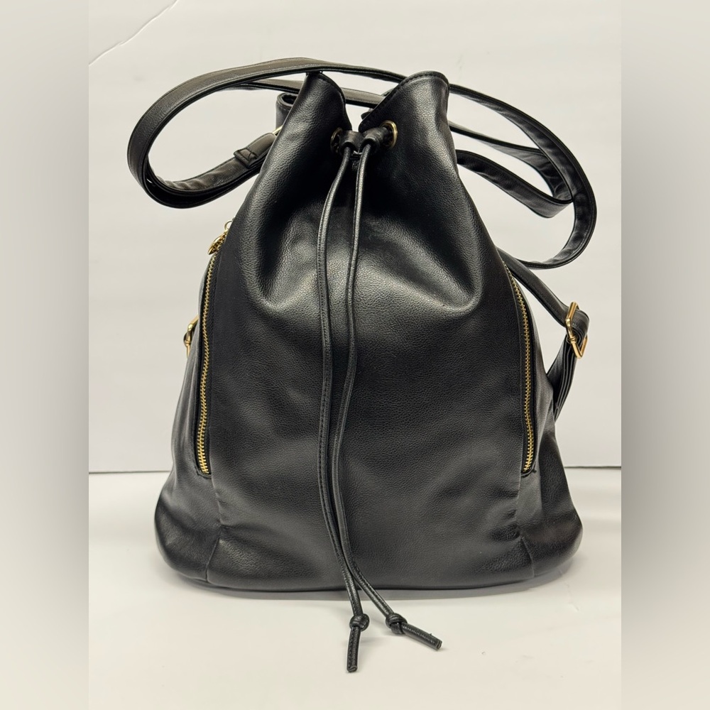 Black Faux Leather Convertible Drawstring Bag